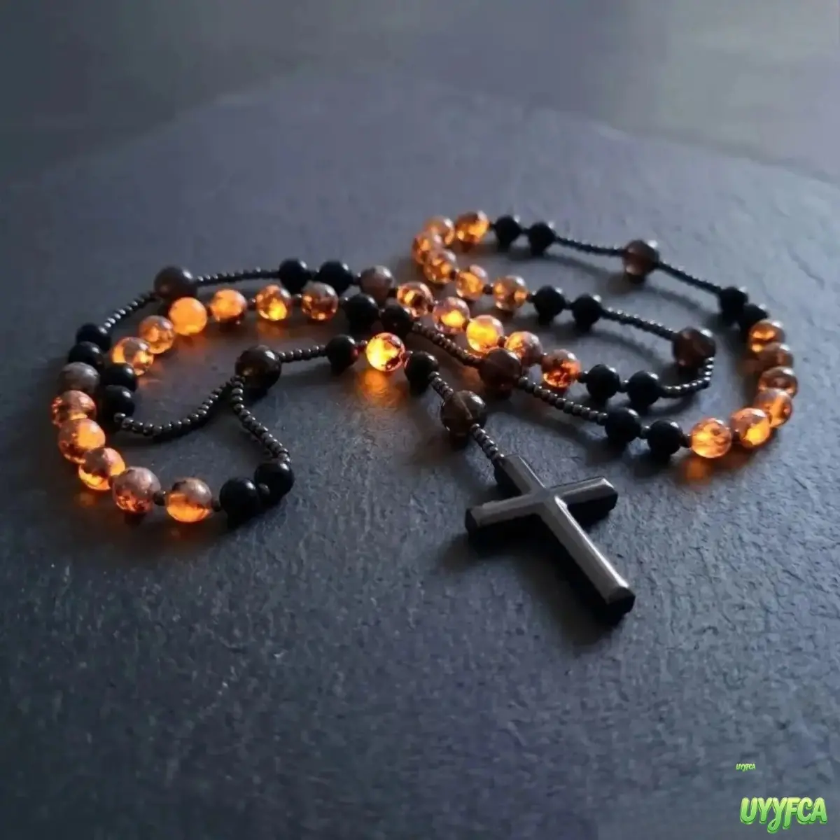 Natural Yooperlite Obsidian Rosary Necklace For Men Women, UV Reactive Fluorescent Stone Beaded Chain, Solid Hematite Cross Pendant Spiritual Crystal Rosary, Vintage Religious Meditation Protection Jewelry, Baptism Christmas Sentimental Religious Gift