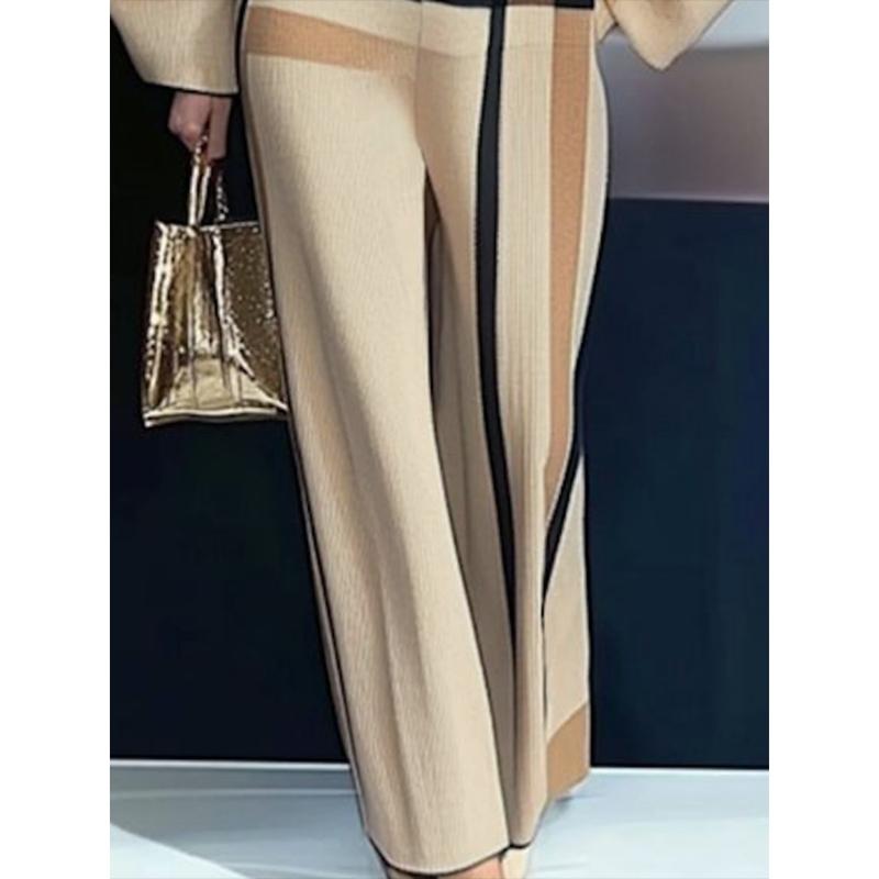 UOOZEE Loose Striped Round-Neck Pullovers Sweater Tops & Loose Wide Leg Striped Casual Pants Set Viscose Nylon Knitting Women's Clothing Suits Long Sleeve(The bottom is a bit small. It is recommended to choose one size larger)