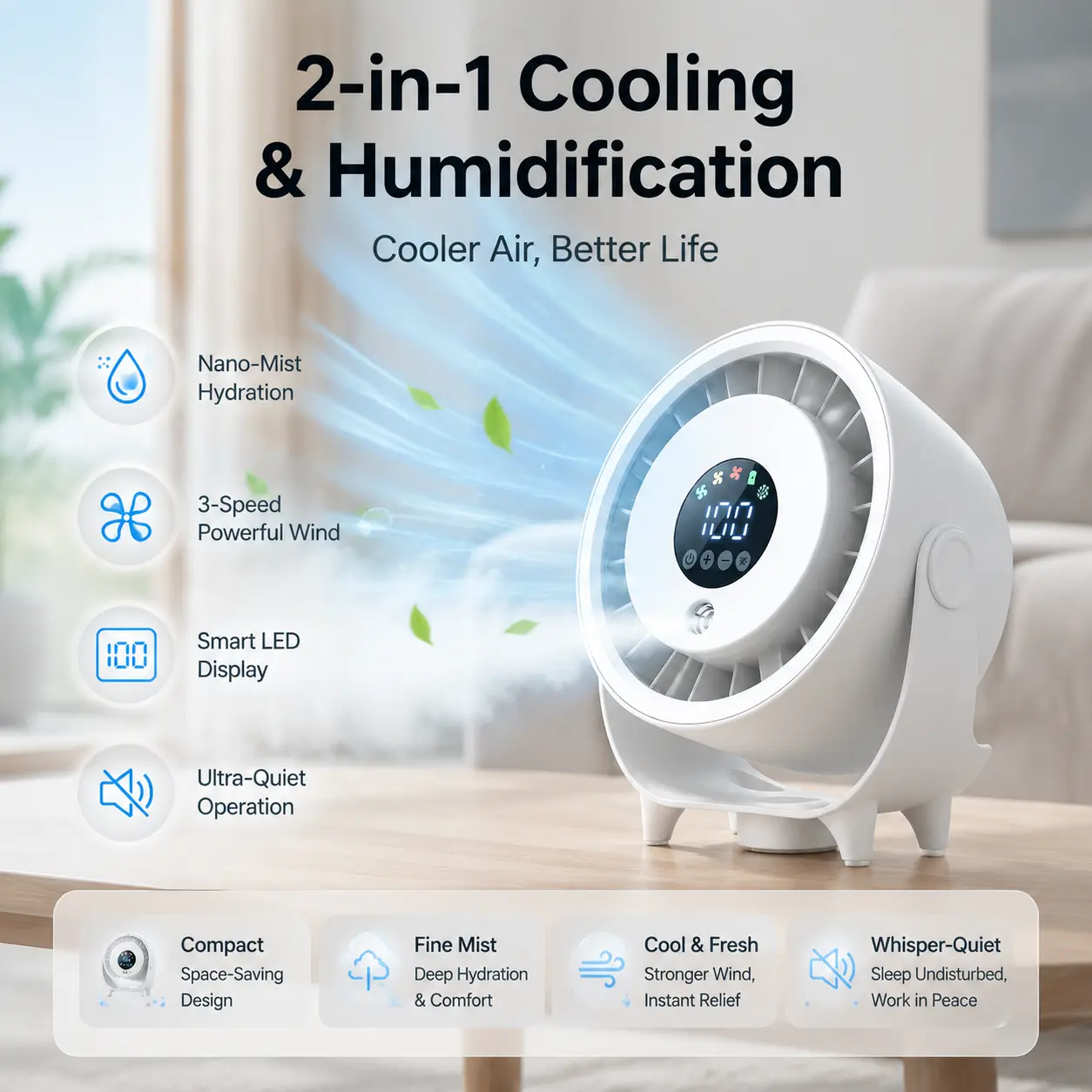 Space-saving Desk Cooling Fan, Modern 2-in-1 Misting Humidifier with Adjustable High-Speed Airflow and Ultra-Quiet Operation for Home Office Bedroom, Timer, Led Display, Tabletop