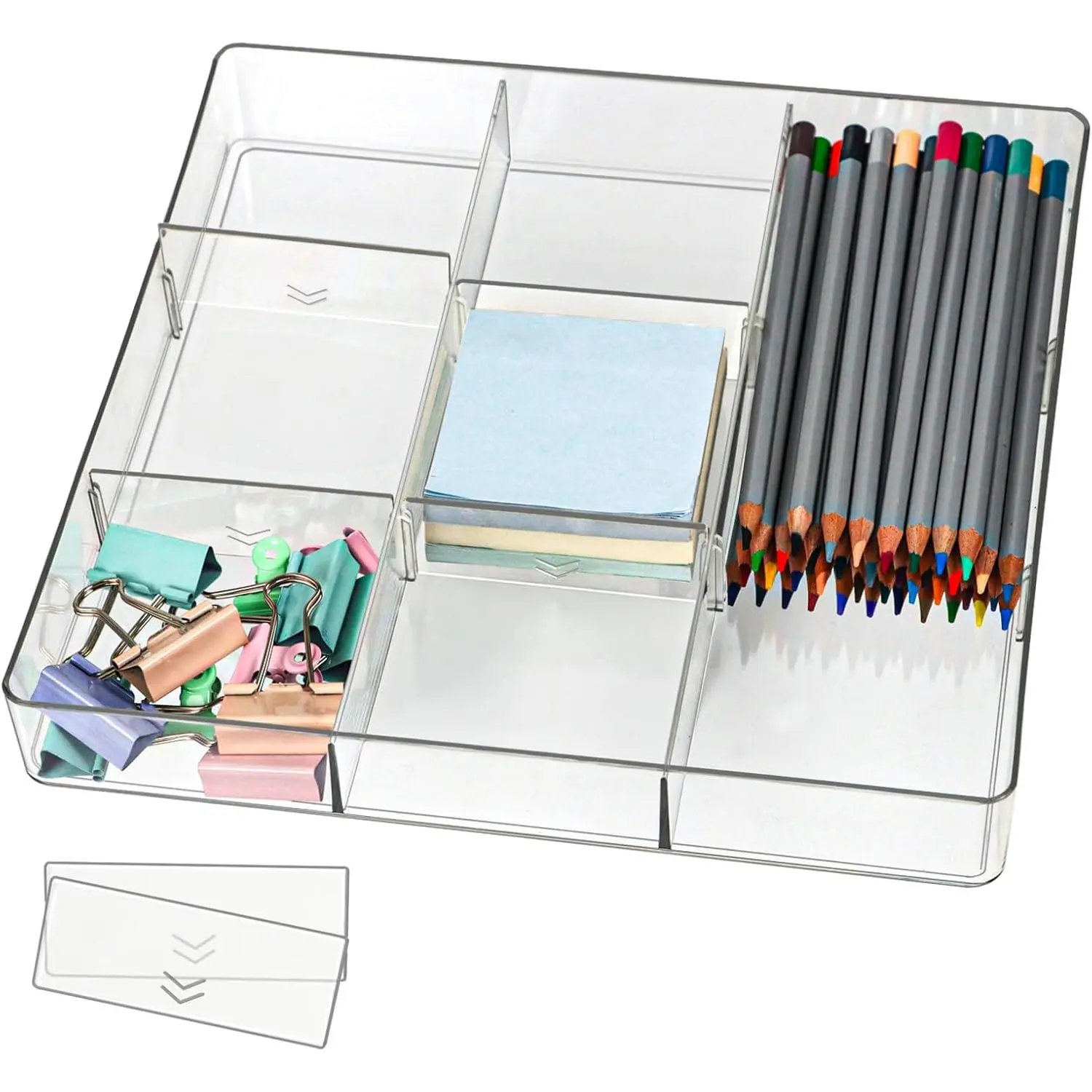 Adjustable Clear Drawer Organizer, Plastic Drawer Divider Tray with Removable 9 Sections for Desk,Bathroom,Office,Makeup,Junk