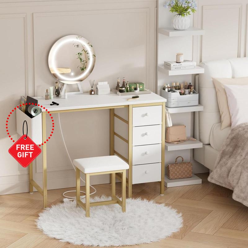 Gold Vanity Desk with Mirror and Light- Makeup Vanity Set Table with Chair, Storage, Lighted Mirror, 4 Large Fabric Drawers & Power Outlet, Dressing Table Vanities for Girls Bedroom, Get Free Gift
