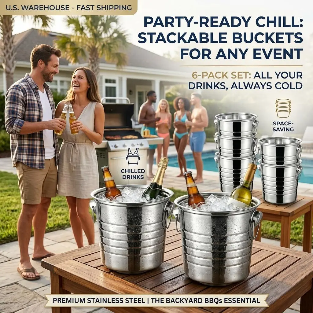 Garvee 6-Pack Stainless Steel Champagne Ice Buckets, 3 Qt Double-Wall Wine Chiller Buckets with Handles - Silver Metal Cooler for Bar, Parties & Events