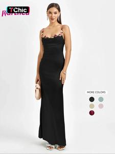women's plain flower decor ruched backless bodycon cami dress, elegant tie back sleeveless maxi dress for party club dating wear summer events, ladies summer dresses, elegant and classy formal dresses gown, womenswear
