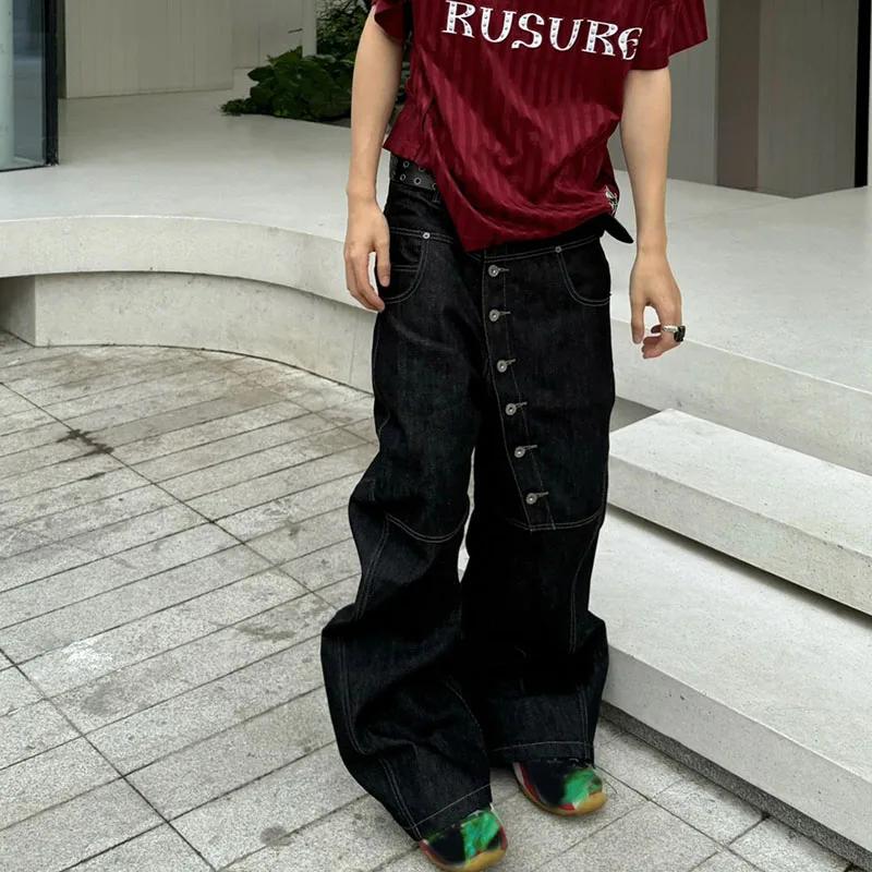 Kyn Apparel Korean High Street Buckle Curved Jeans Autumn Men'S Loose Straight Leg Pants Black Wide Leg Pants Casual Pants Hip-Hop Pants