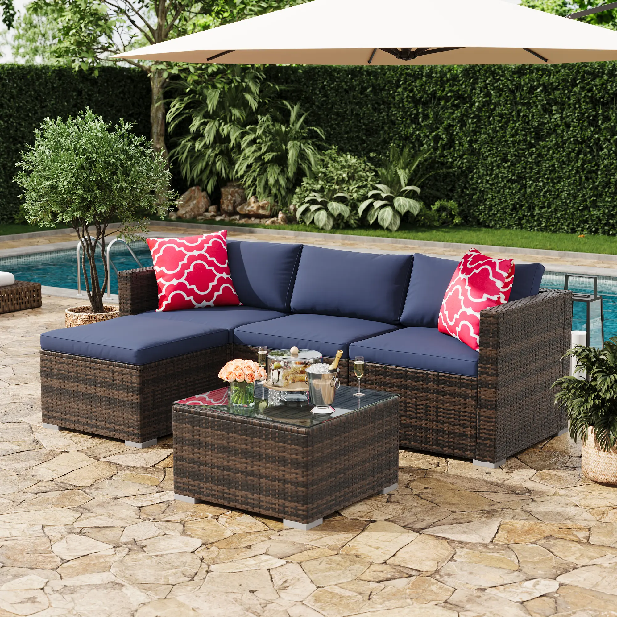 5-Piece All-Weather PE Rattan Patio Sofa Set – Modular Outdoor Sectional with Cushions and Tempered Glass Coffee Table
