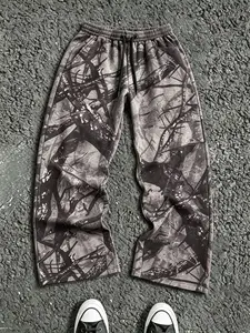 Vintage Distressed Tree Camo Wide Leg Pants, Men's Drawstring Loose Fit Sports Pants, American Streetwear Casual Style, Spring & Fall