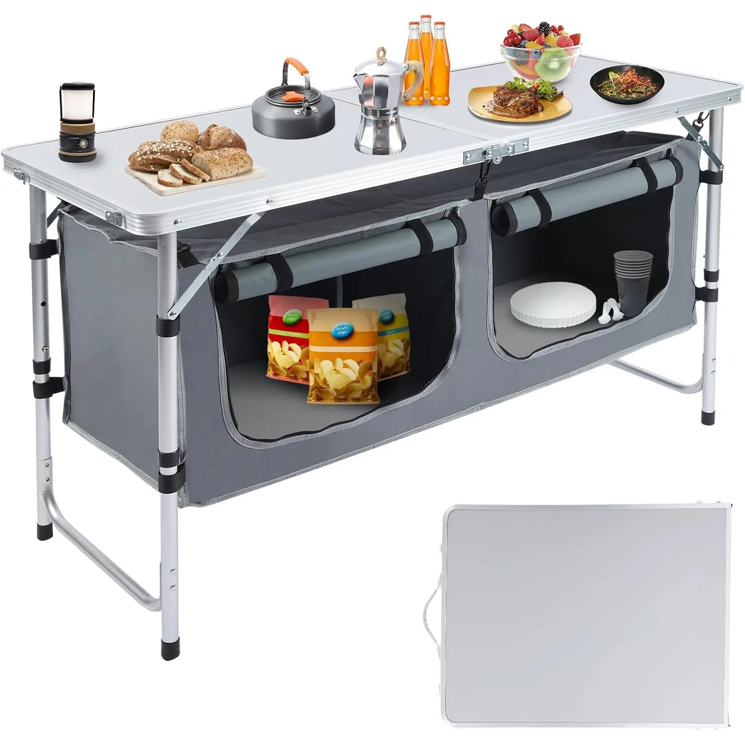 Outdoor Folding Camping Table with Storage Organizer, Portable Aluminum Composite Panel Lightweight Table, 3 Adjustable Height, for Indoor, BBQ, Party, Picnic, Hiking, Beach