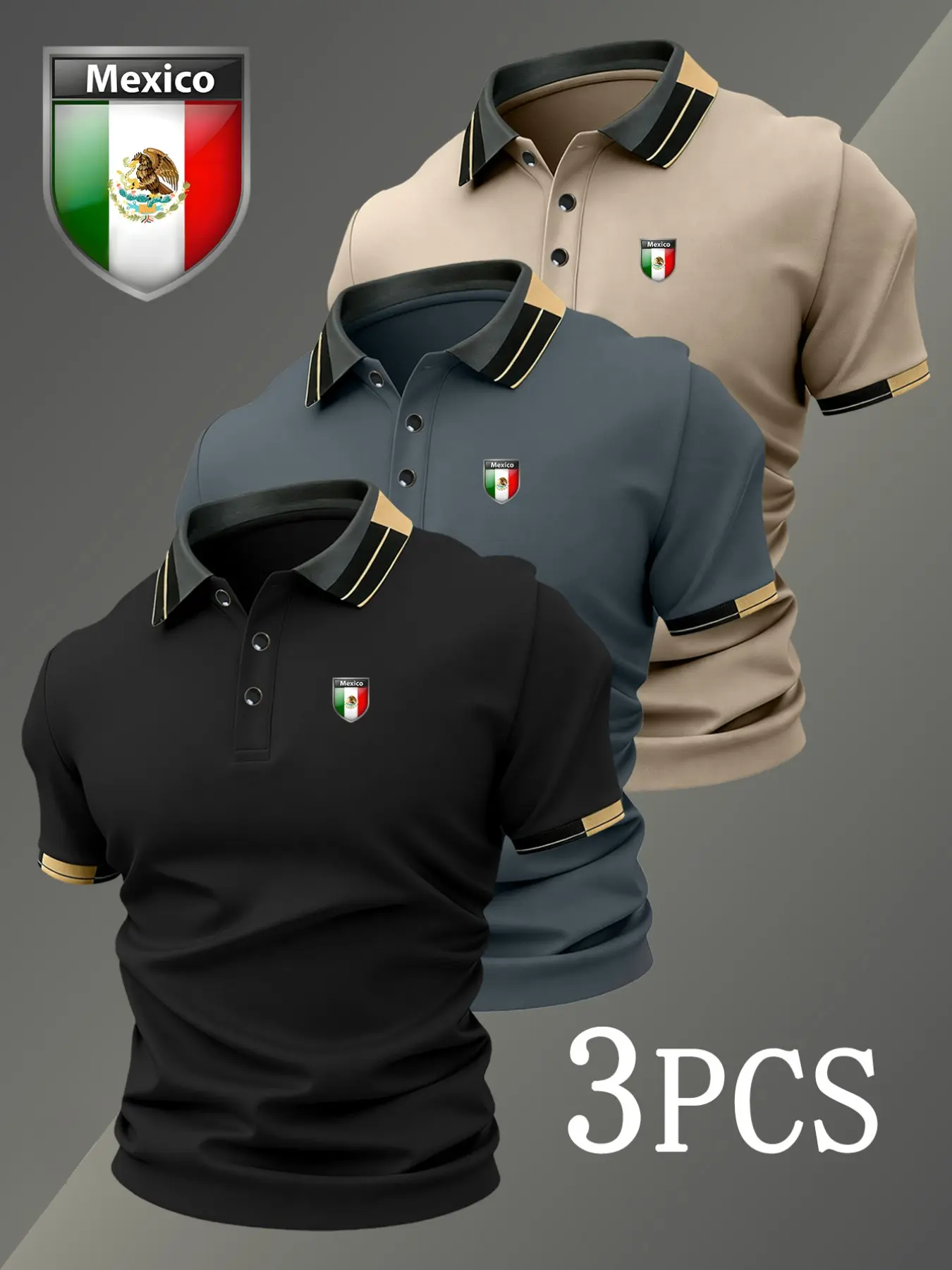 Men's Golf Polo Shirt Set, Mexican Badge Print, Collared Stretch Casual Breathable All-Season Comfortable Durable High-End Polo Shirts