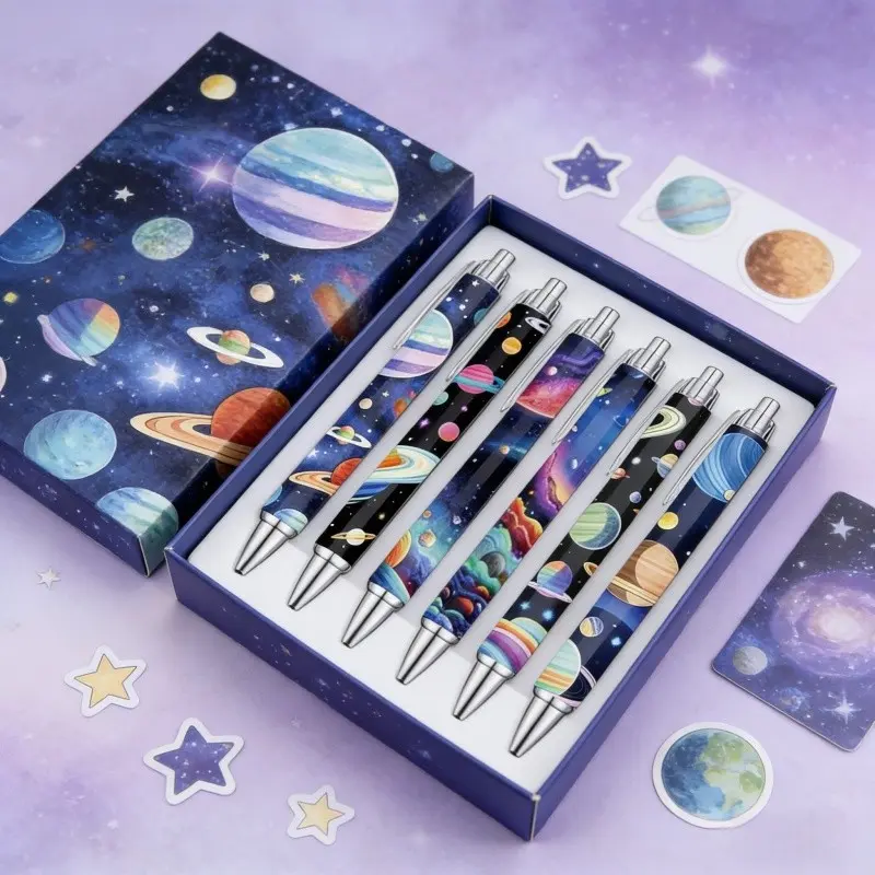 6 Pcs Galaxy Planet Ballpoint Pen Set, Writing Stationery, Vibrant Cosmic Art Design, Cute and Fashionable, Ideal Gift for Students and Space Enthusiasts