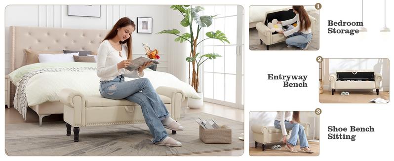 YOUDENOVA Storage Ottoman Bench for Bedroom 51" Queen Leather Storage Bench with Button, Upholstered Bedroom Bench with Rolled Arms for Living Room, Storage Room, Entryway Modern Furniture