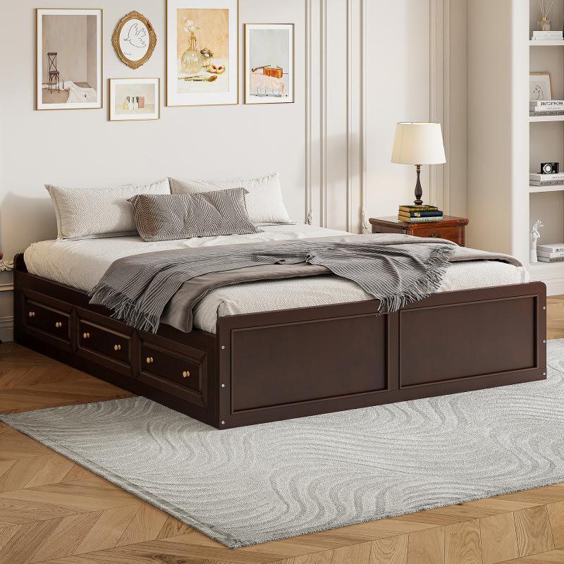 Bellemave Wood Queen Size Platform Bed Frame with 6 Drawers Espresso Sturdy Construction Solid Pine MDF Classic Design No Box Spring Required Easy Assembly