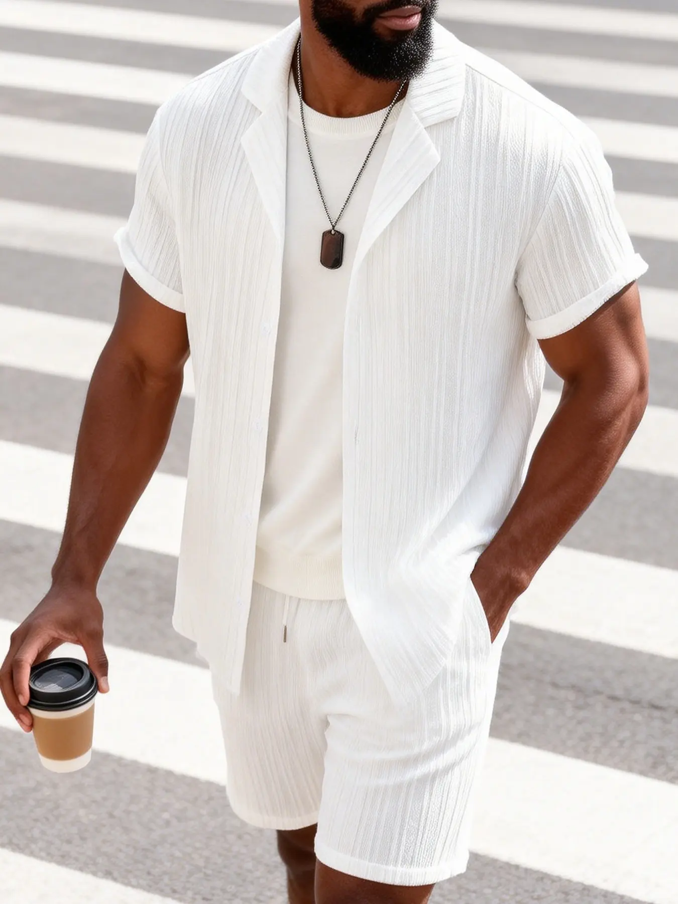 Men Summer 2 Piece Matching Set Vertical Striped Crinkle Textured Lapel Short Sleeve Button Shirt & Drawstring Elastic Waist Shorts, Lightweight Breathable Loose Casual Outfit For Beach Daily Loungewear Co Ord Suit (NO White Inner Undershirt Included）