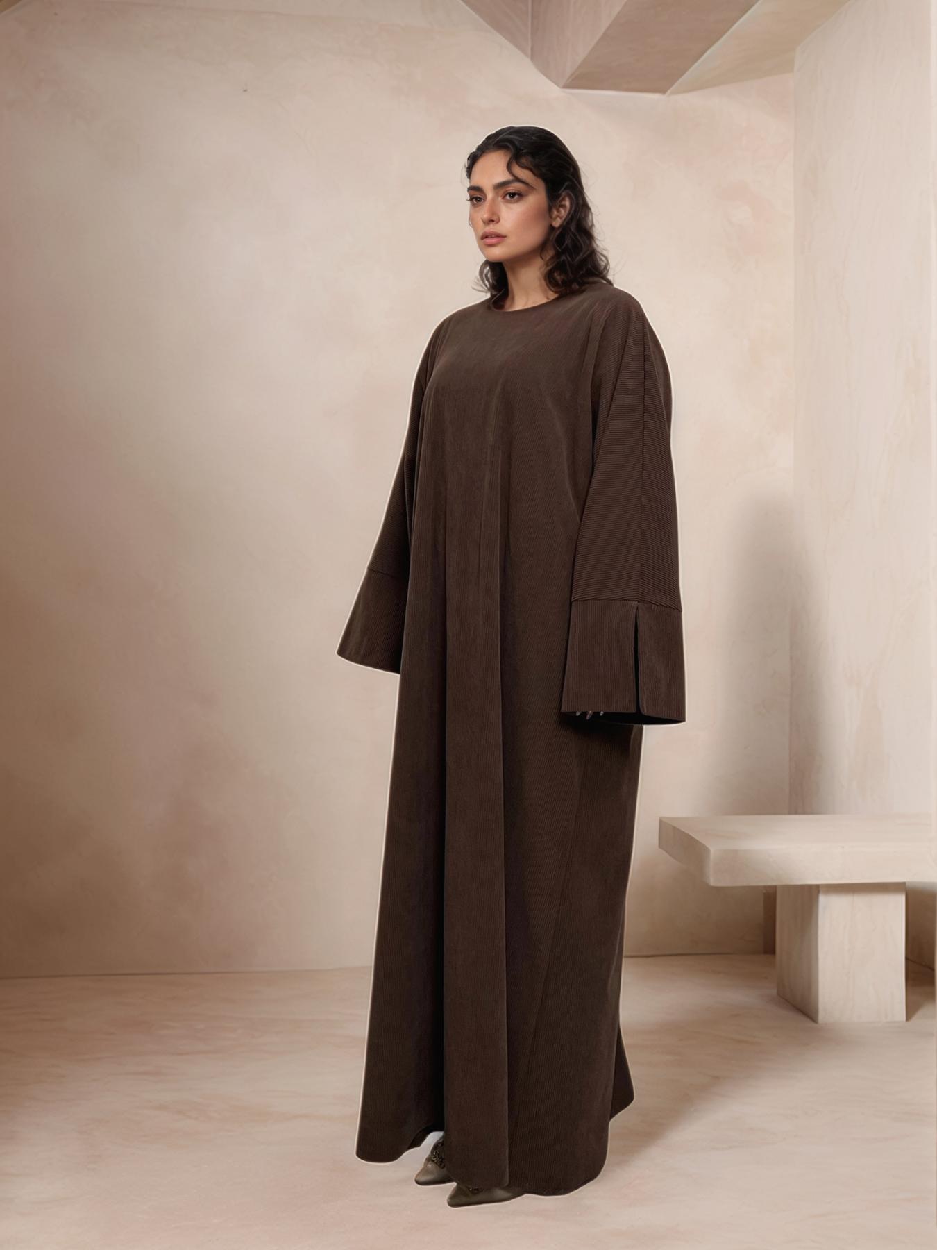Women's Solid Color Split Sleeve Corduroy Robe, Modest Long Sleeve Round Neck Robe for Fall & Winter, Women's Islamic Clothing for Daily Wear, Modest Muslim Outfits