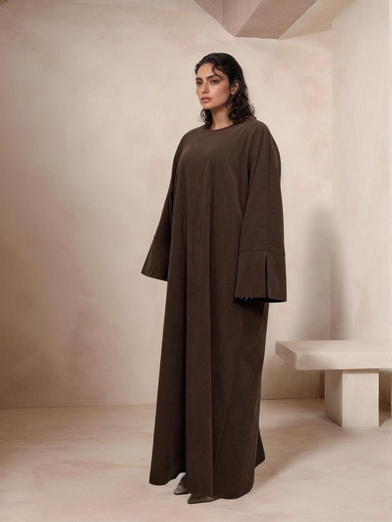 Women's Solid Color Split Sleeve Corduroy Robe, Modest Long Sleeve Round Neck Robe for Fall & Winter, Women's Islamic Clothing for Daily Wear, Modest Muslim Outfits