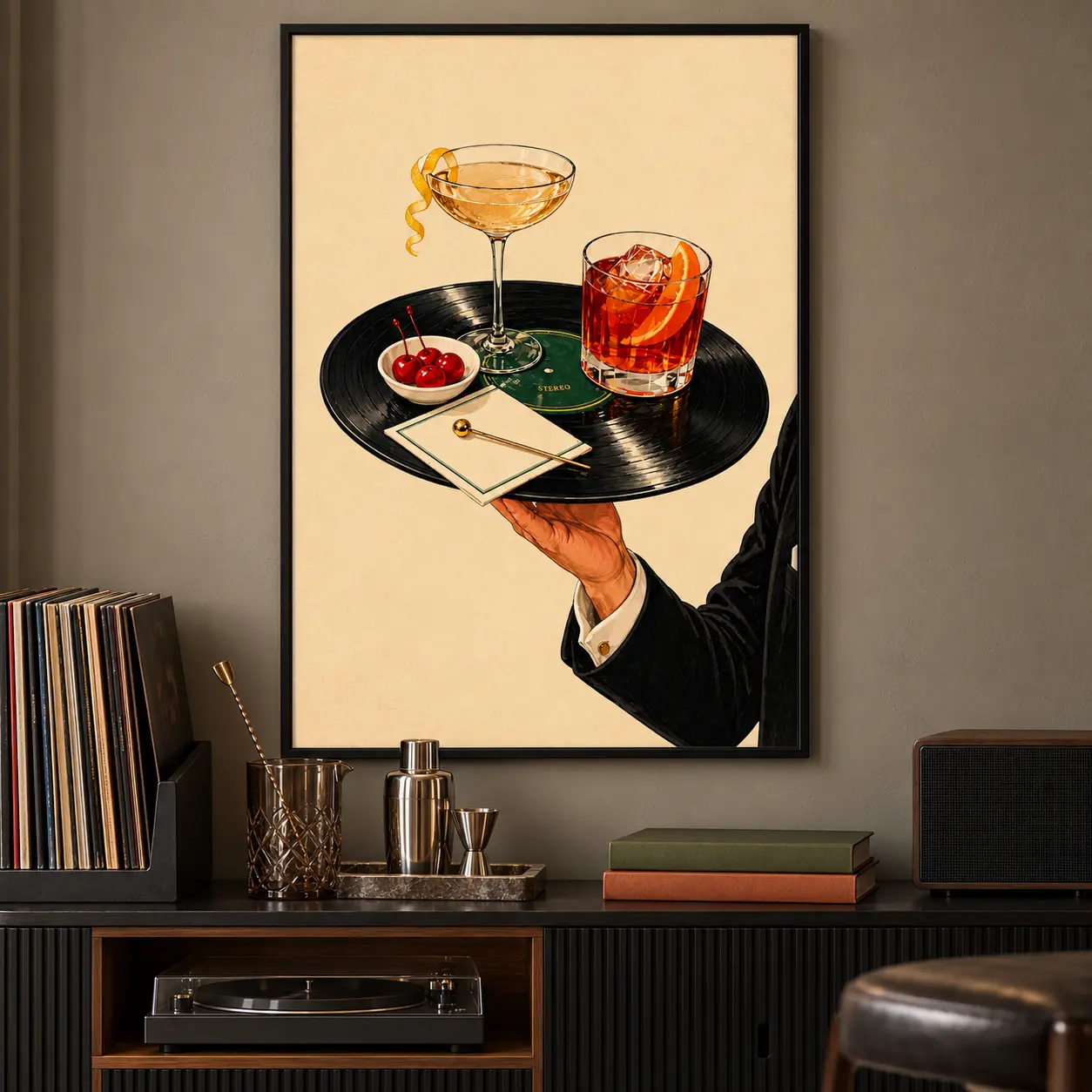 Vintage Cocktail Server Canvas Wall Art, Retro Vinyl Record Poster Print, HD Printed Artwork with Martini and Old Fashioned Drinks, Bar Cart, Lounge and Kitchen Decor, Hanging Picture, Housewarming Gift for Music Lovers and Home Bar Enthusiasts