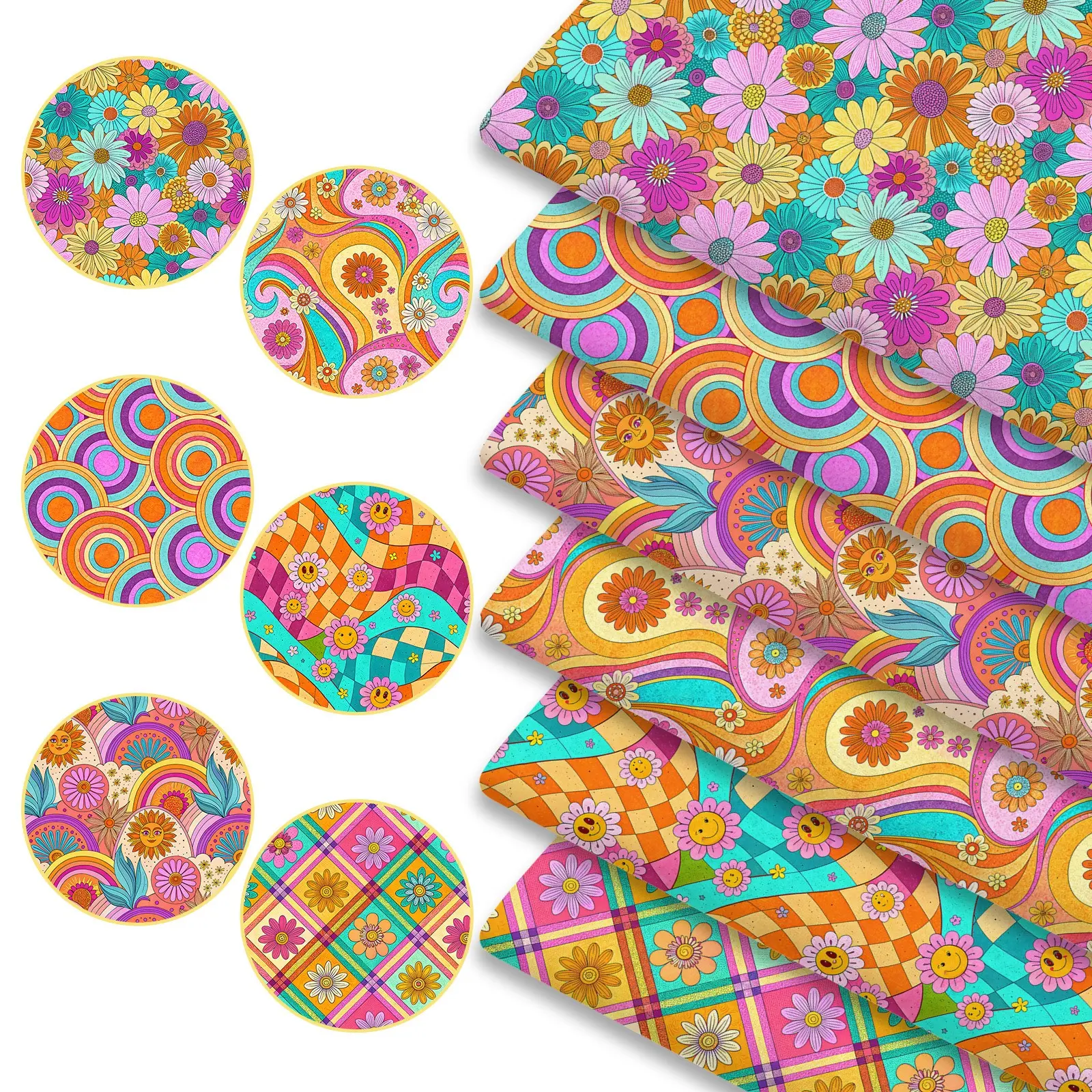 6pcs 70S Retro Print Casual Wear Fabric Bundles, 45cm*50cm/17.72in*19.69in Vintage Groovy Fabric Squares for Quilting, Patchwork Sewing Material for Bedding, Tablecloth, Bags, Masks, Hats, Headbands, Pillowcases