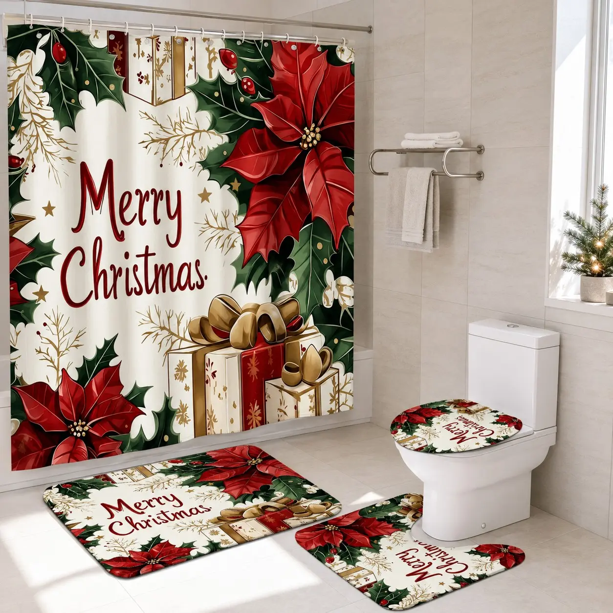 4pcs Merry Christmas Bath Curtain Set, Holly Pine Berries Bow, Festive Bathroom Decor, Holiday Tiktok Shop Trending