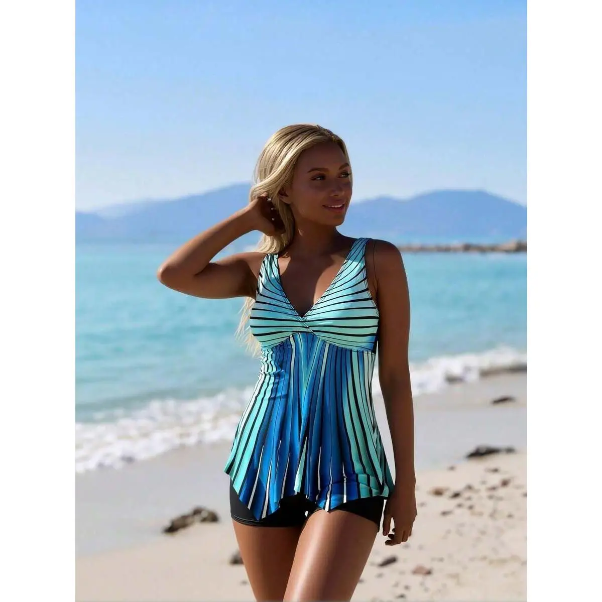 Women's 2026 New Ocean-Inspired Striped Knit Swimdress Set - Blue & Green Gradient, Tummy Control, Slim-Flattering, Twist Detail, Sleeveless Swimwear, Beach Bathing Suit, Printed Swimsuit, Swimwear Dress, Resort Swimsuit Dress for Beach Vacation