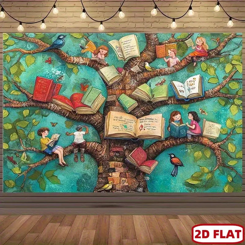 Tree of Books Reading Characters Backdrop with Birds and Butterflies for Classroom and Educational Spaces