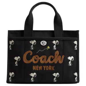 COACH x PEANUTS Snoopy Cargo 26 Tote Bag for Women – Canvas and Twill Blend, Letter Logo Design, Black
