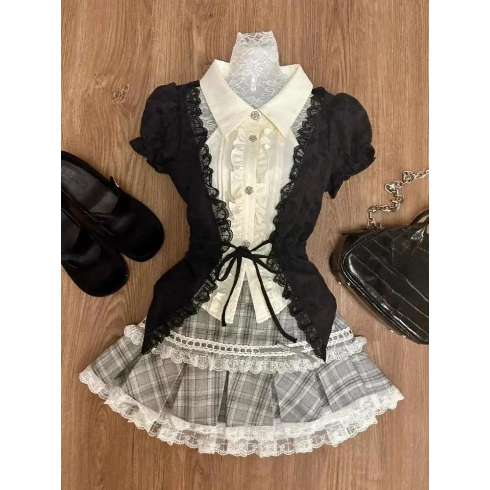 Japanese Sweet Preppy Style Outfits 2 Piece Set Women Vintage Kawaii Lace Patchwork Tops + Y2k Plaid Slim Mini Skirt Female New