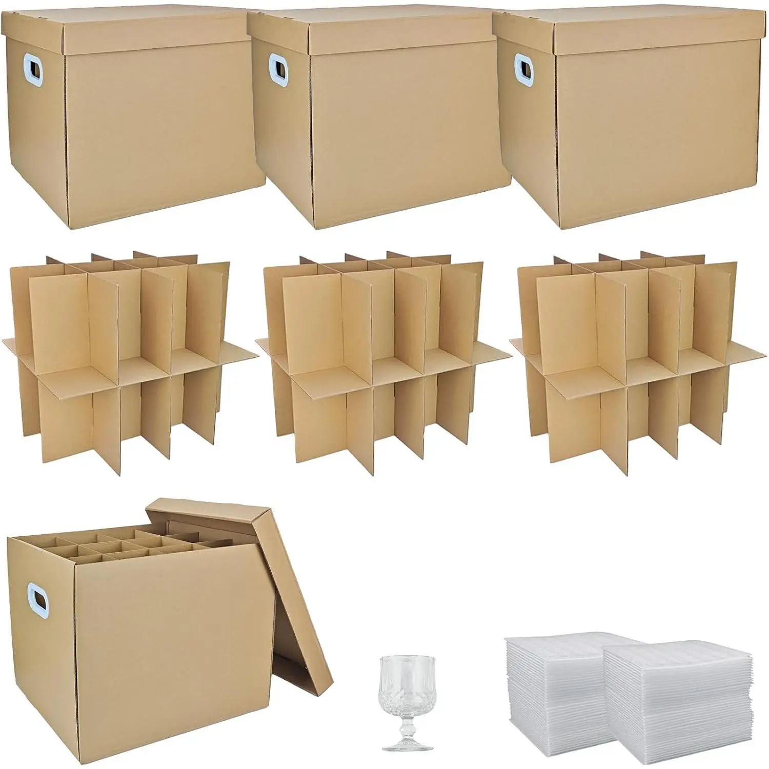 3 Sets Moving Boxes with Two-Layer Divider Kits, 16 x 13 x 13 Inch Box with Lid, Corrugated Dividers with 72 Pcs Foam Pouches for Glassware Wine Packing Kitchen Moving