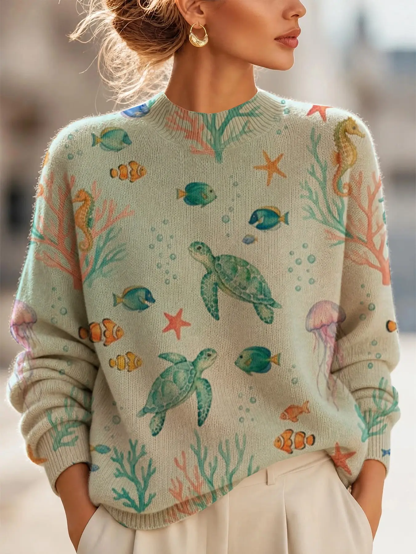 Women's New Fashion Sweater, Turtle Print Long Sleeve Warm Versatile Sweater, Casual Slim-Fitting Pullover for Daily Wear, Knitwear
