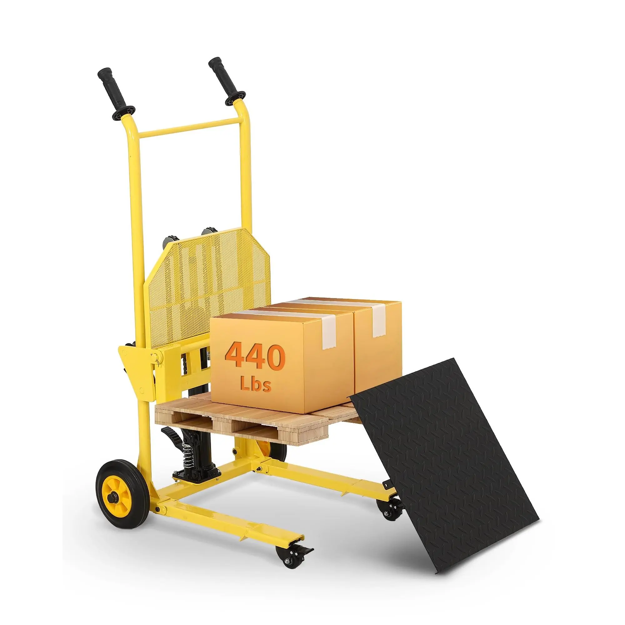 Garvee Hydraulic Material Lift Stacker, 440 LBS load capacity, 36" max lifting height, steel platform with lockable swivel casters, manual winch pallet cart for warehouse and industrial material handling.