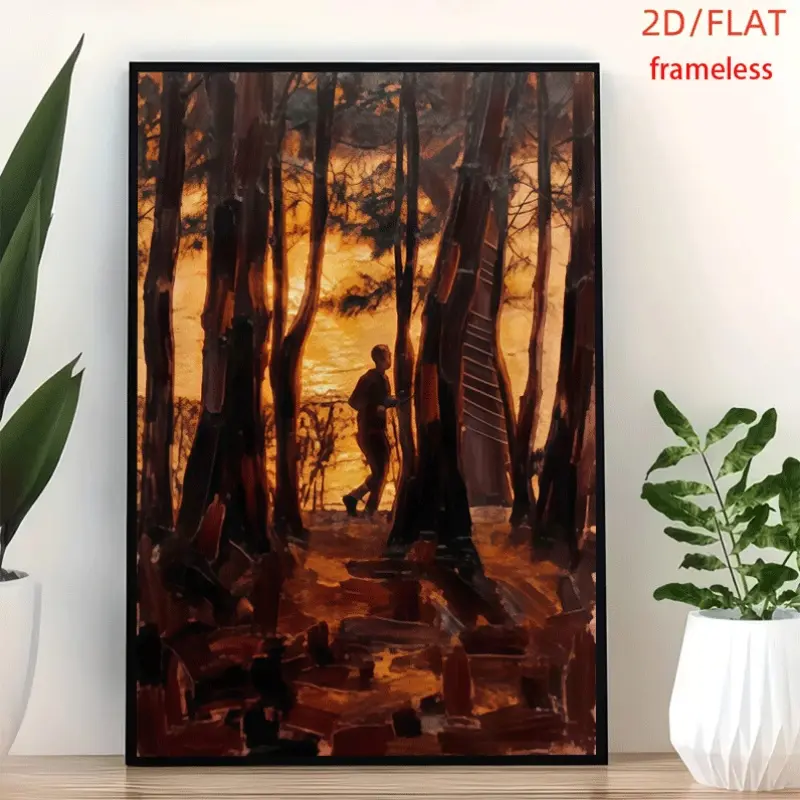 frameless Walk Through Woods Chasing Sunset Glow Art Decor Print Poster, Wall Art for Living Room, Bedroom, Office, Dining Room & Bar, Perfect Gift & Home Decor, 12in x 16in