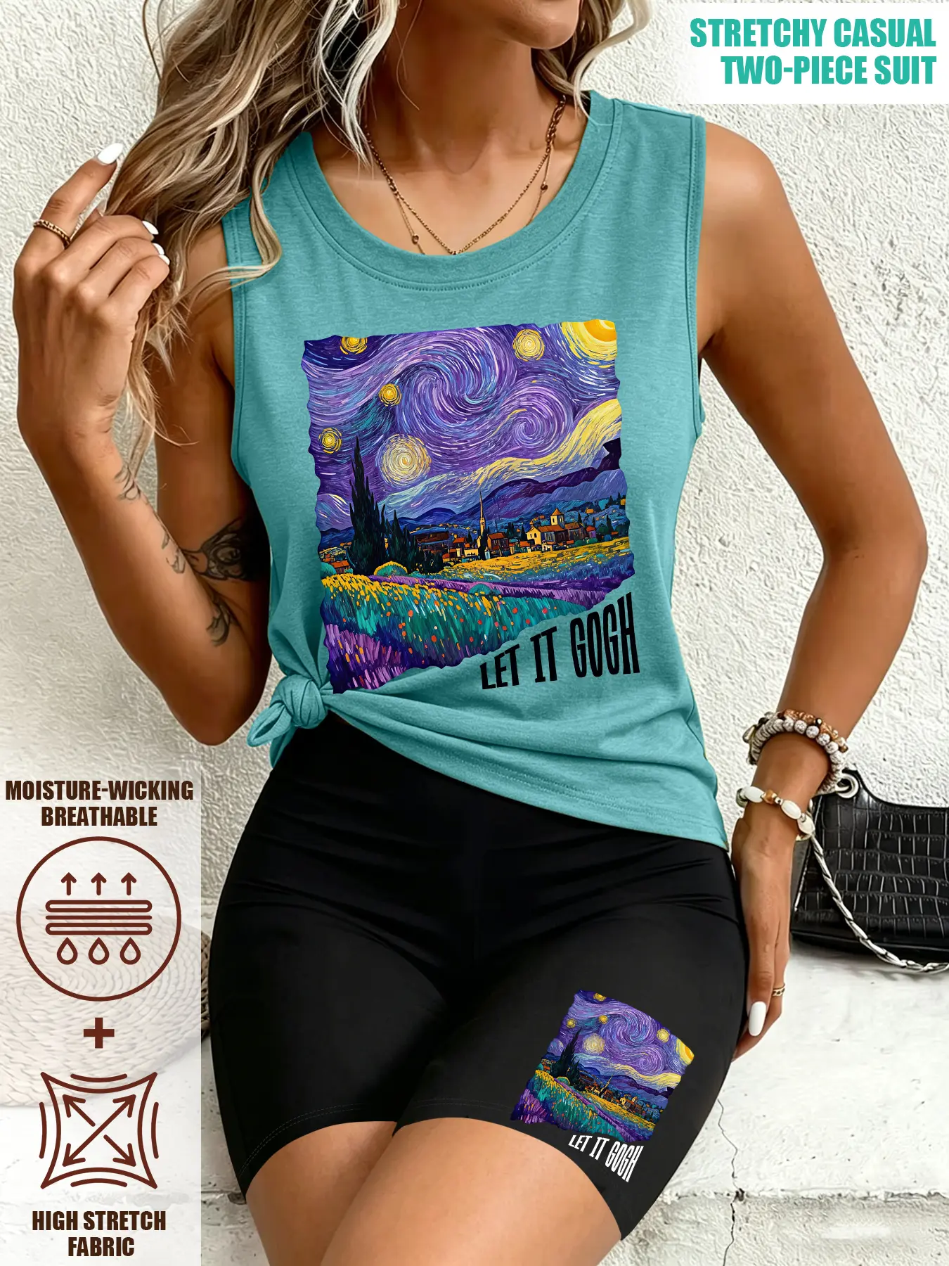 Women Tank Biker Short 2Pcs Casual Fashion Set, Van Gogh Starry Night Print, multi-color, washable, stretchy soft Casual Fitted summer outfit