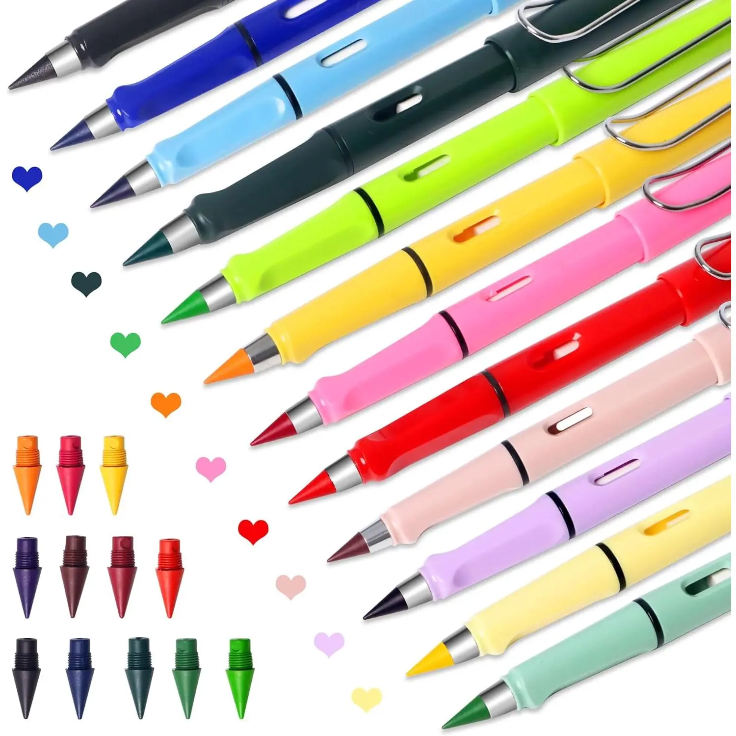 12 Colors Forever Pencil with Erase - Long Lasting Writing Infinity Pen with Extra 12 Replaceable Heads, Never Sharpen Everlasting Inkless Pencil Sketch, Drawing, School Supplies