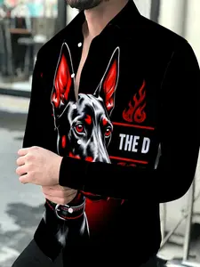 Men's Long Sleeve Shirt Personality Doberman Flame Pattern Print Fashion Casual Versatile Lapel New Top, Suitable for leisure and sports scenarios