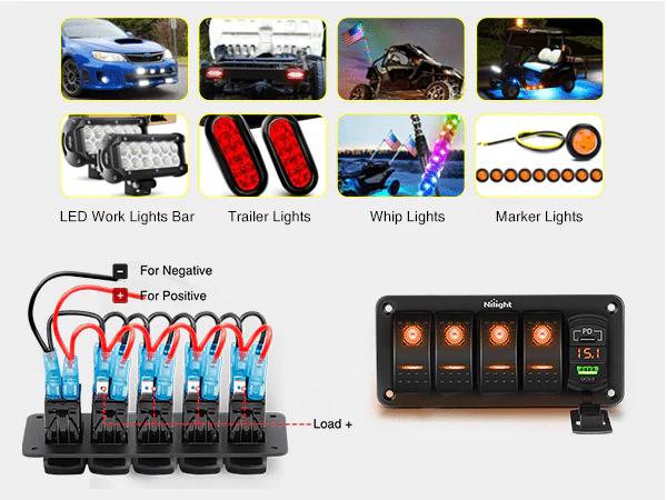 Nilight 4 Gang Switch Panel With QC3.0 & PD Charger And Voltmerter with Orange Backlit