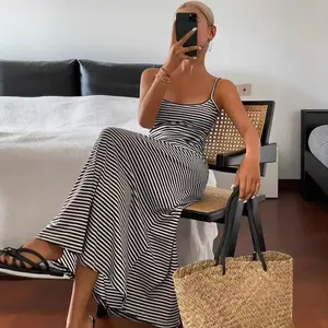 2026 Women's Summer Striped Slip Dress Sleeveless High Stretch Casual Long Dress 3 Colors