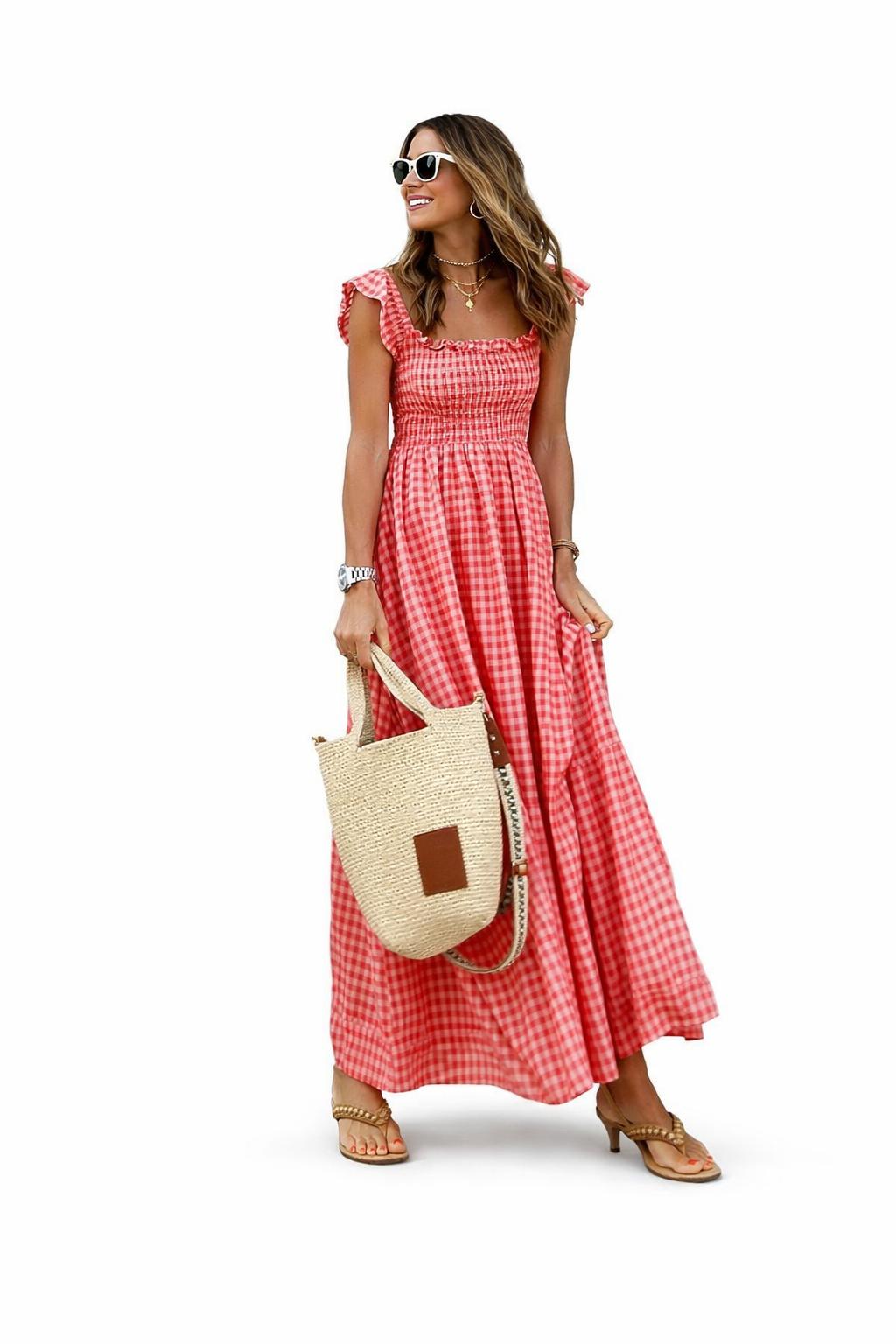 2026 Summer Style Women's Patchwork Plaid Halter Elastic Skirt Dress
