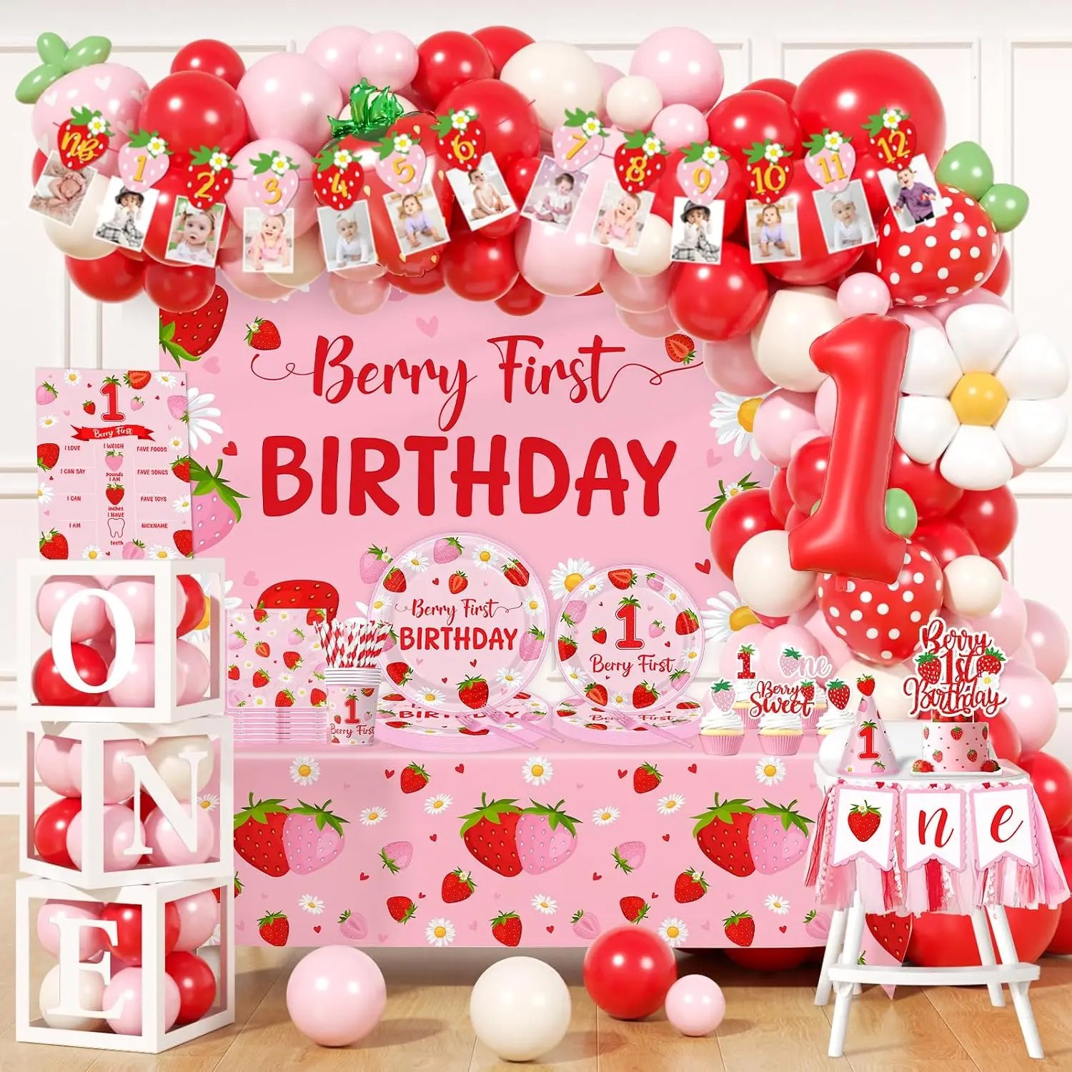 Strawberry 1st Birthday Decor Full Kit for Girls - PE Material Large Set, Disposable Paper Plates, Cups, Napkins, Tablecloth, Balloons Arch, Cake Topper, Backdrop, Banner for Birthday Party Themes