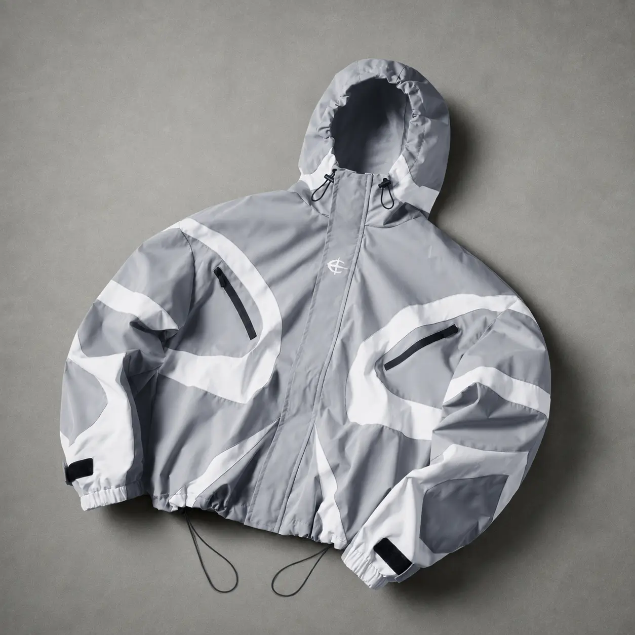 Unisex Y2K Futuristic Techwear Windbreaker Jacket, Grey White Color Block Hooded Coat for Spring, Streetwear & Casual Outdoor Wear Menswear Tops Activewear Athletic Long Sleeve