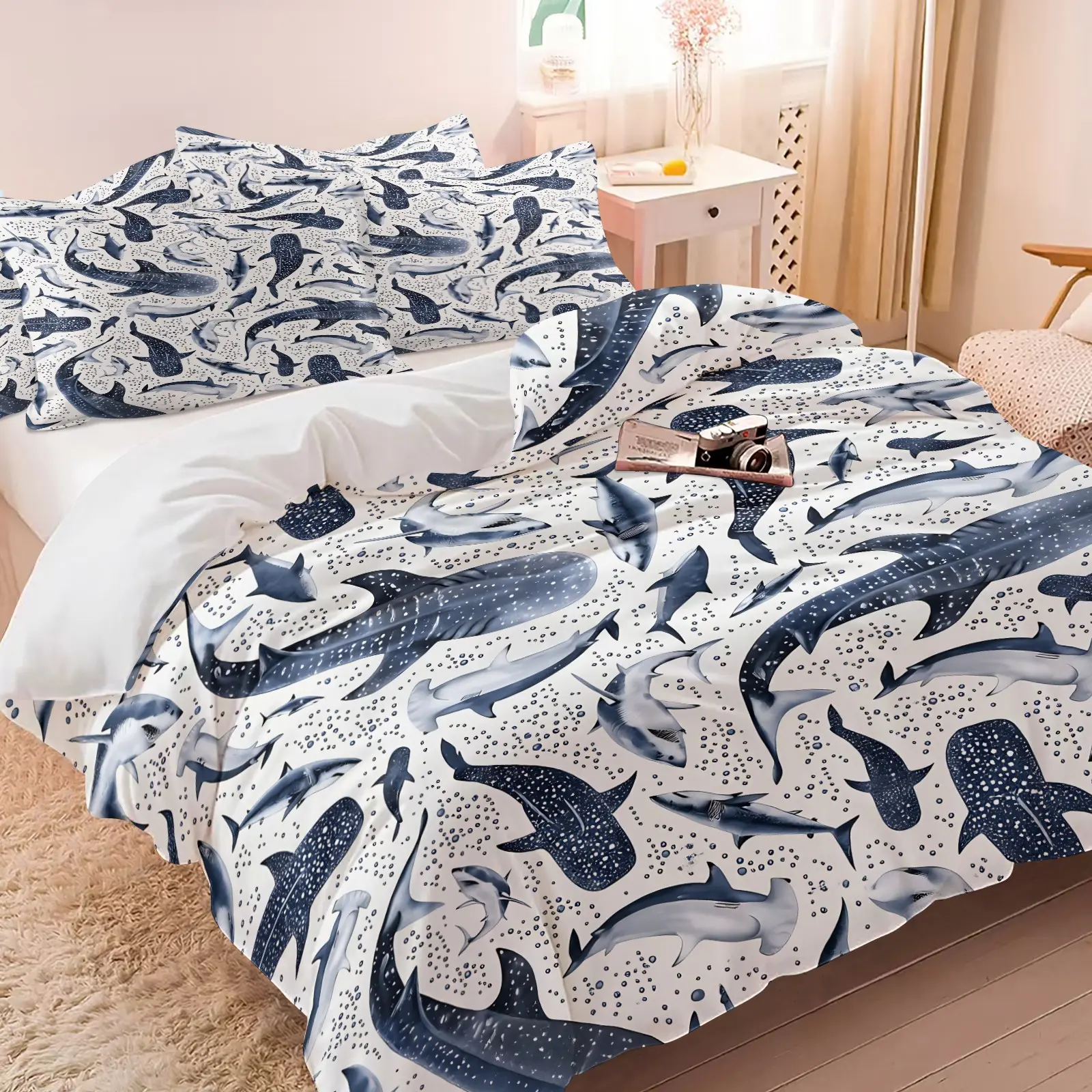 Blue Watercolor Whale Shark Print Duvet Cover Set, Blue & White Coastal Deep Sea Marine Print, Includes 1 Duvet Cover & 1/2 Pillowcases (No Inserts), Soft Breathable Nautical Bedding For All Seasons, Decorative Duvet Cover, Comfy Bedding Set