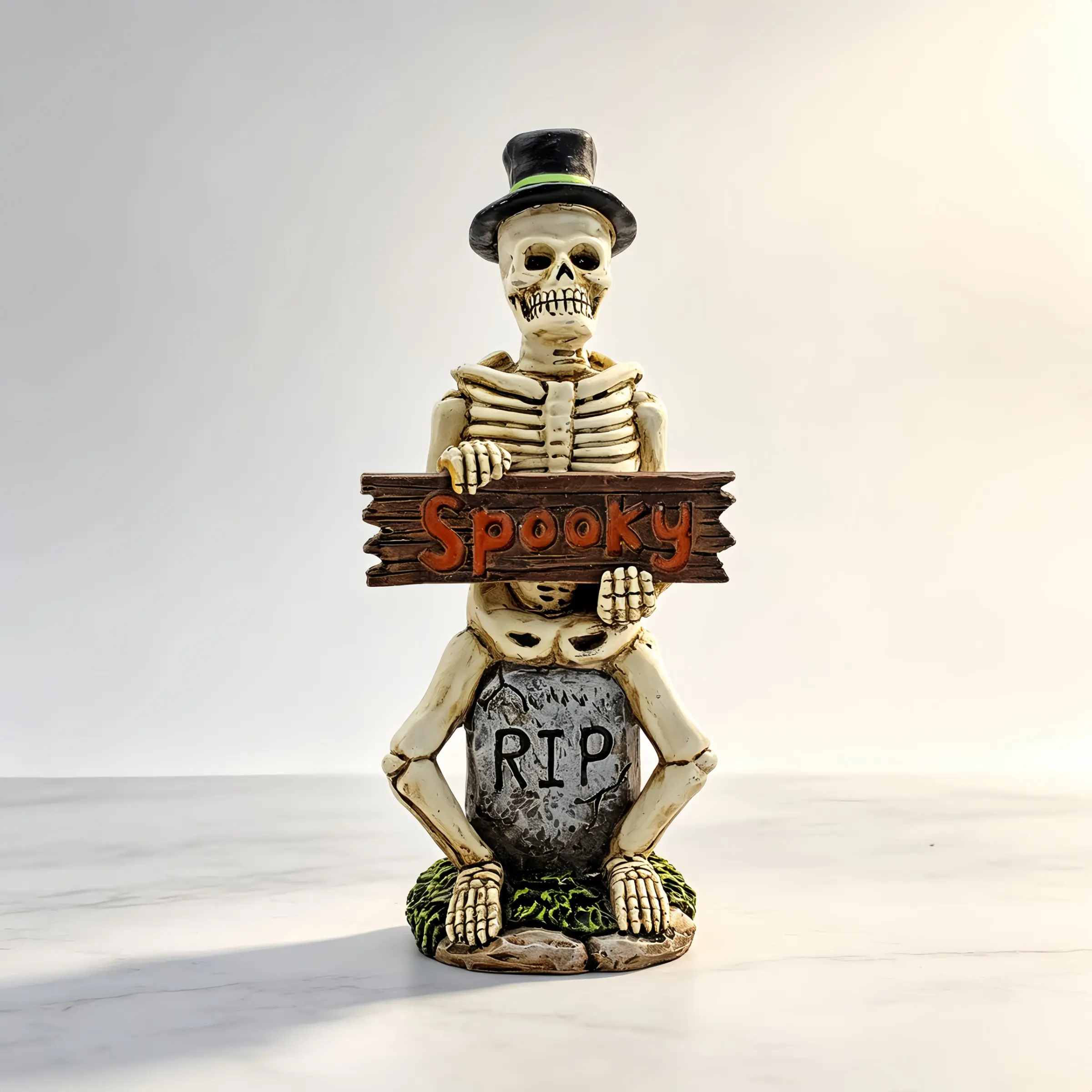 Gothic Halloween Decorative Skull Statue, Resin Tombstone Ornament, Vintage Rip Sign, Spooky Tabletop Garden Party Accessory