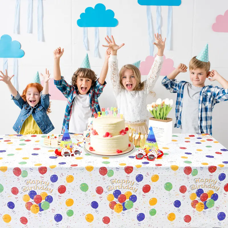 2PCS Disposable PE eco-friendly tablecloth, waterproof cartoon balloon design, for children's birthday table decoration and garbage collection, party decoration