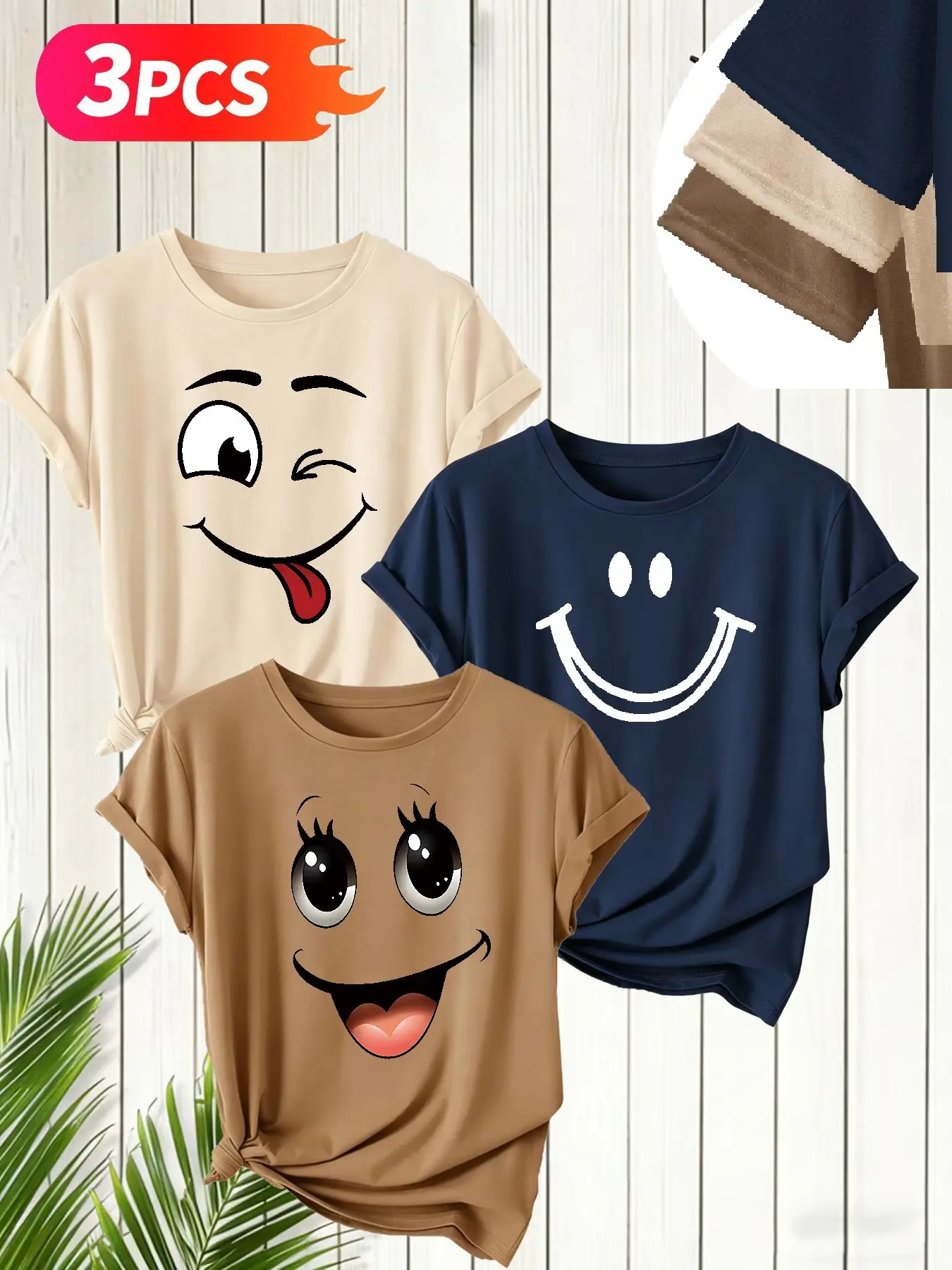 Three-Piece Fun Emoji Round Neck T-Shirt Set, Women's Spring Summer Casual Slim-Fit Floral Tee, Comfort Fabric