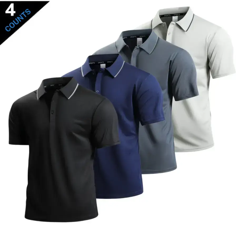 Four piece color block men’s polo shirts in a business casual style. Classic notched lapels paired with thin black piping add refined details, while button embellishments at the placket create a clean, streamlined look. Short sleeves are suitable for mult