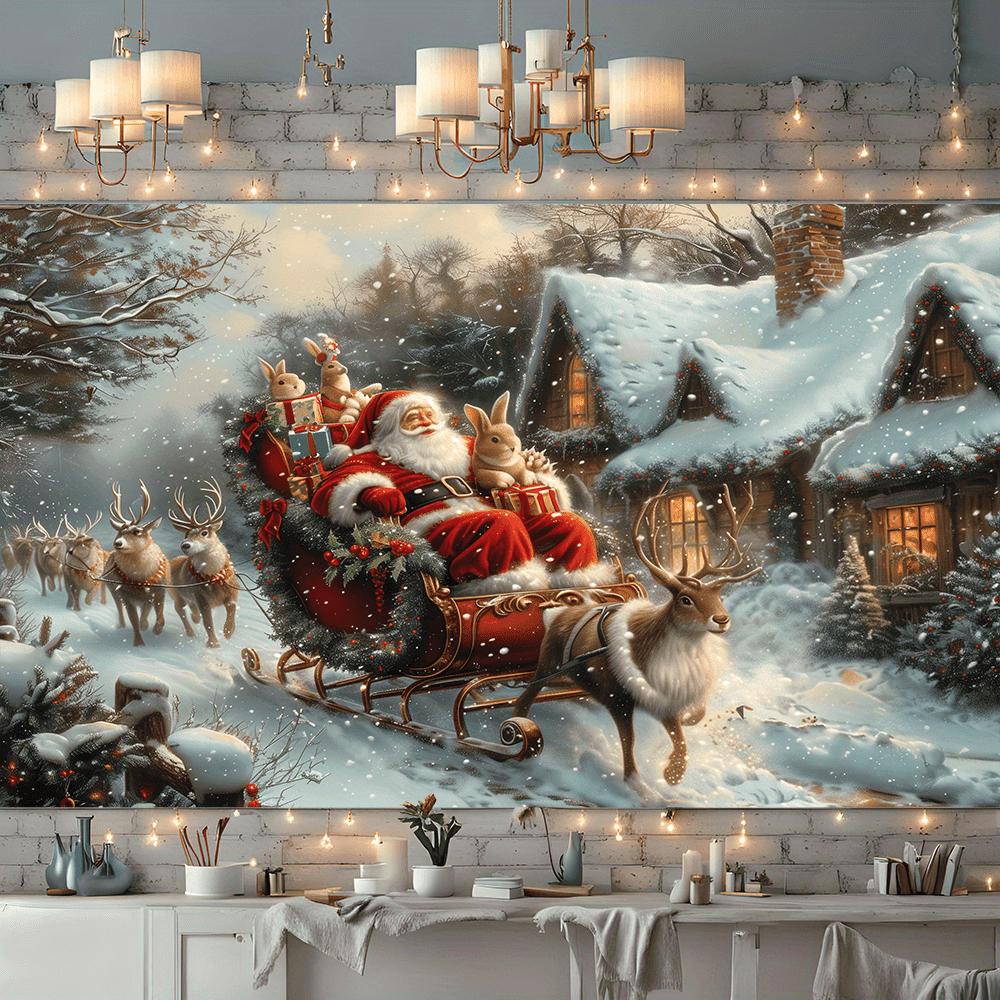 Santa's Sleigh Hanging - Snow Town Scenery, Polyester Christmas Decoration Living Room D