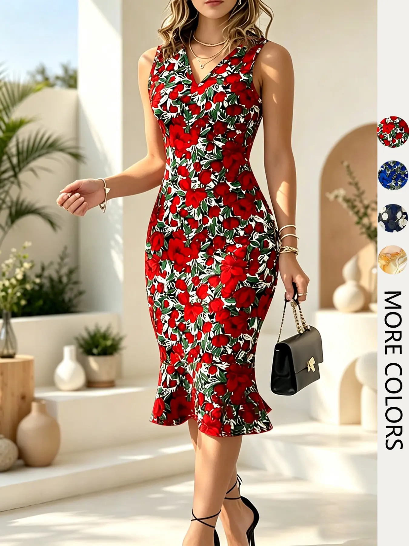 V Neck Fitted Women's Dress, Elegant Waist-Cinch Printed Mermaid Dress, Elastic Mid-Length Polyester Dress, Spring Summer Evening Wear