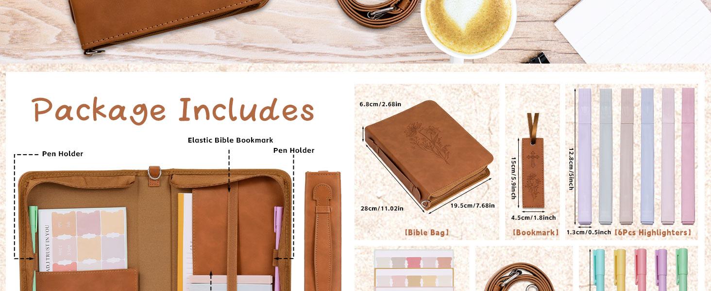 19PCS Floral Brown Leather Bible Cover Women Bible Cover Cases Teen Girls Christmas Gift Christian Carrying Bag Journaling Kit with Shoulder Strap Highlighter Pens & Book Marker Study Supplies