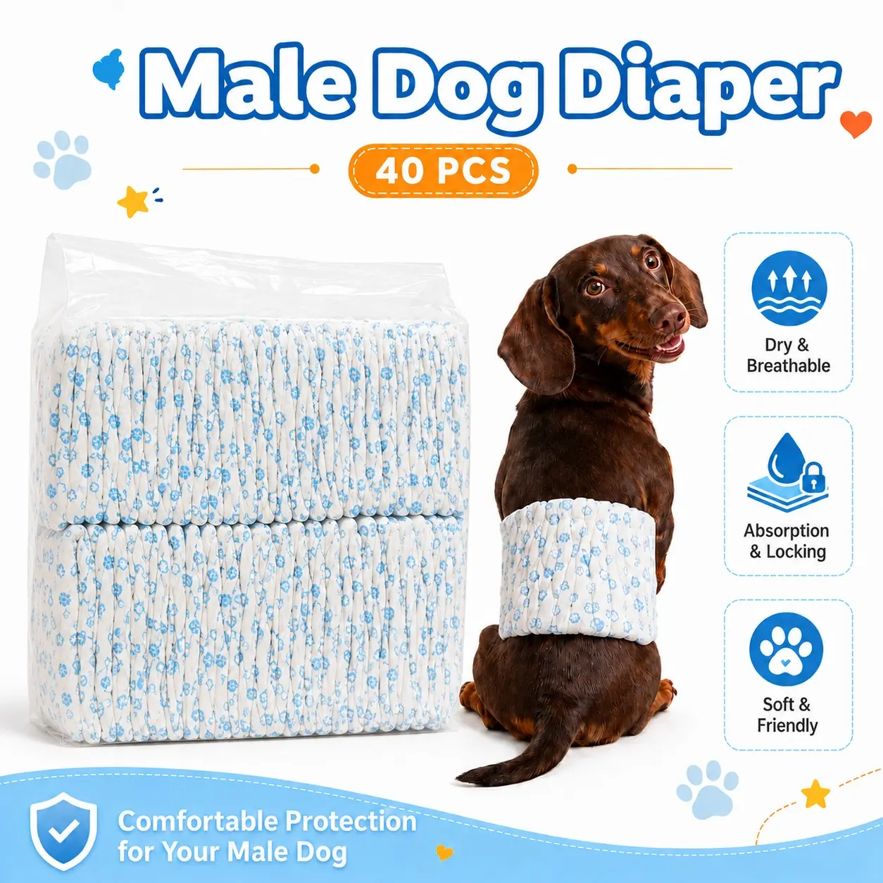 40ct Super Absorbent Male Dog Diapers, Leak-Proof Disposable Wrap, Wetness Indicator, Secure Fit, Breathable, 40 Count, Pet Care Essentials