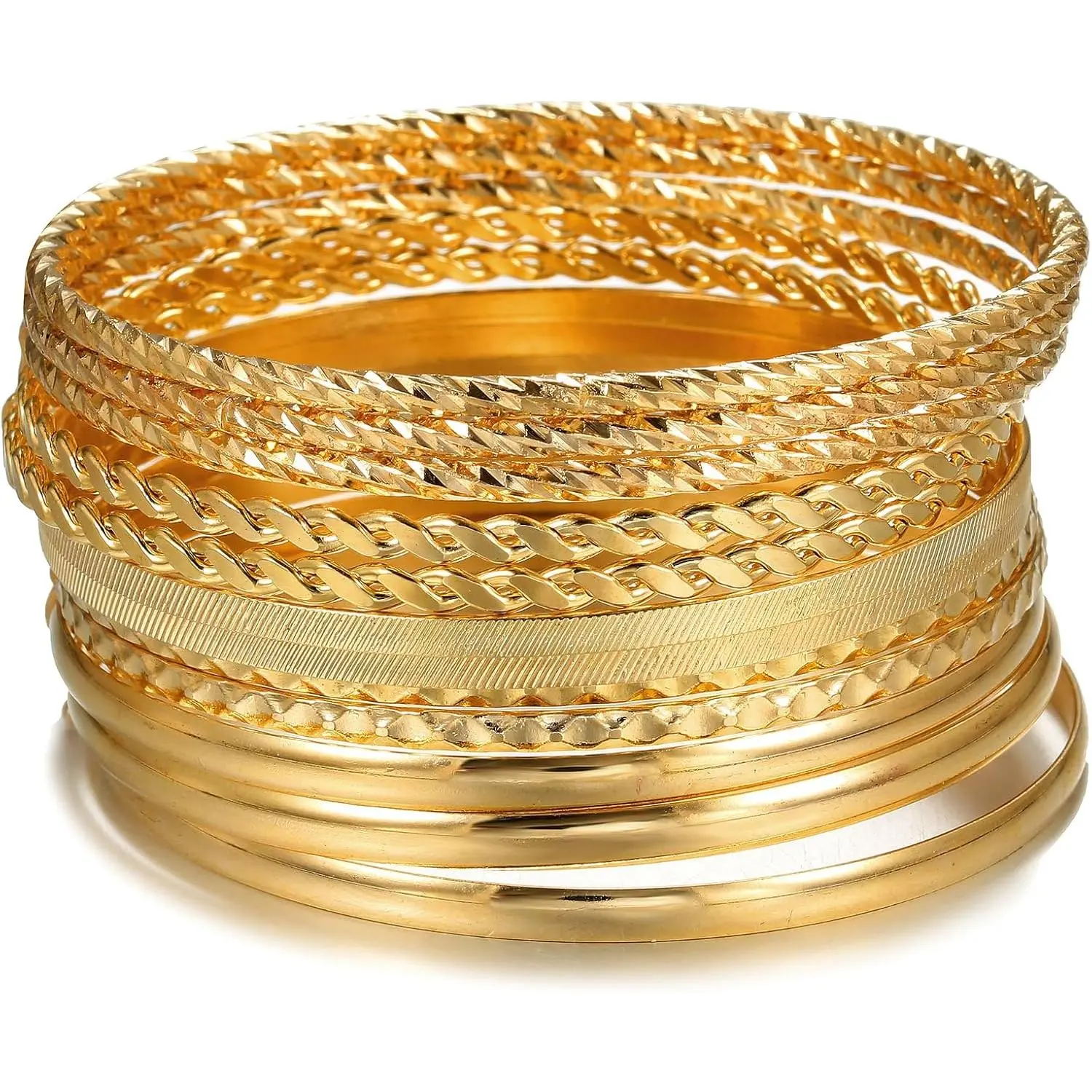 Modern Chunky Bangle Bracelets for Women, 12-Piece Gold Plated Stackable Set, Textured Alloy Metal, Nickel-Free for Casual Wear, Stackable Sets, Textured Chunky