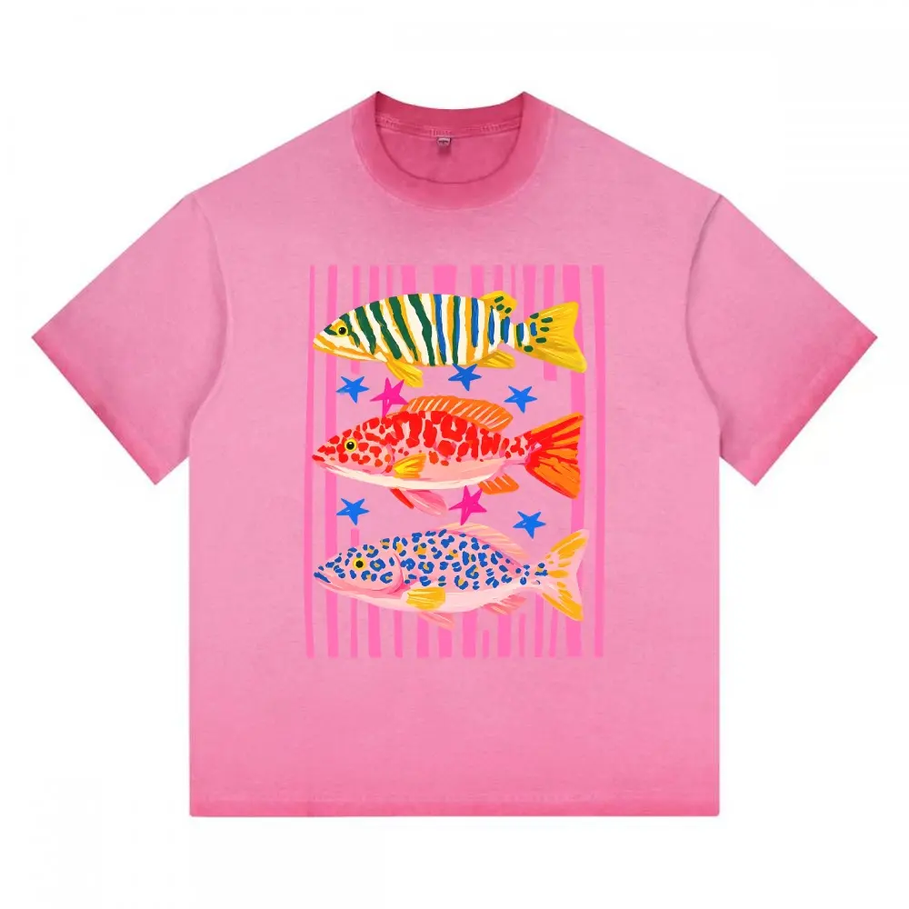Three Colorful Tropical Fish Star Striped Vintage Washed Tee Unisex Graphict Gradient Washed T-Shirt Personalized Pattern Y2k Clothing Round Neck Gradient Washed T-Shirt,Women's Clothing 100% Cotton, Menswear, Top, Vintage Style,Summer Casual Oversized