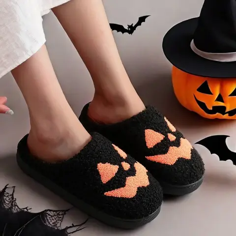 Pumpkin Embroidery Slippers, Halloween Slippers, Casual Soft Comfortable Halloween Themed Home Slippers for Women & Men, Fashionable Slippers for Indoor & Outdoor Wear