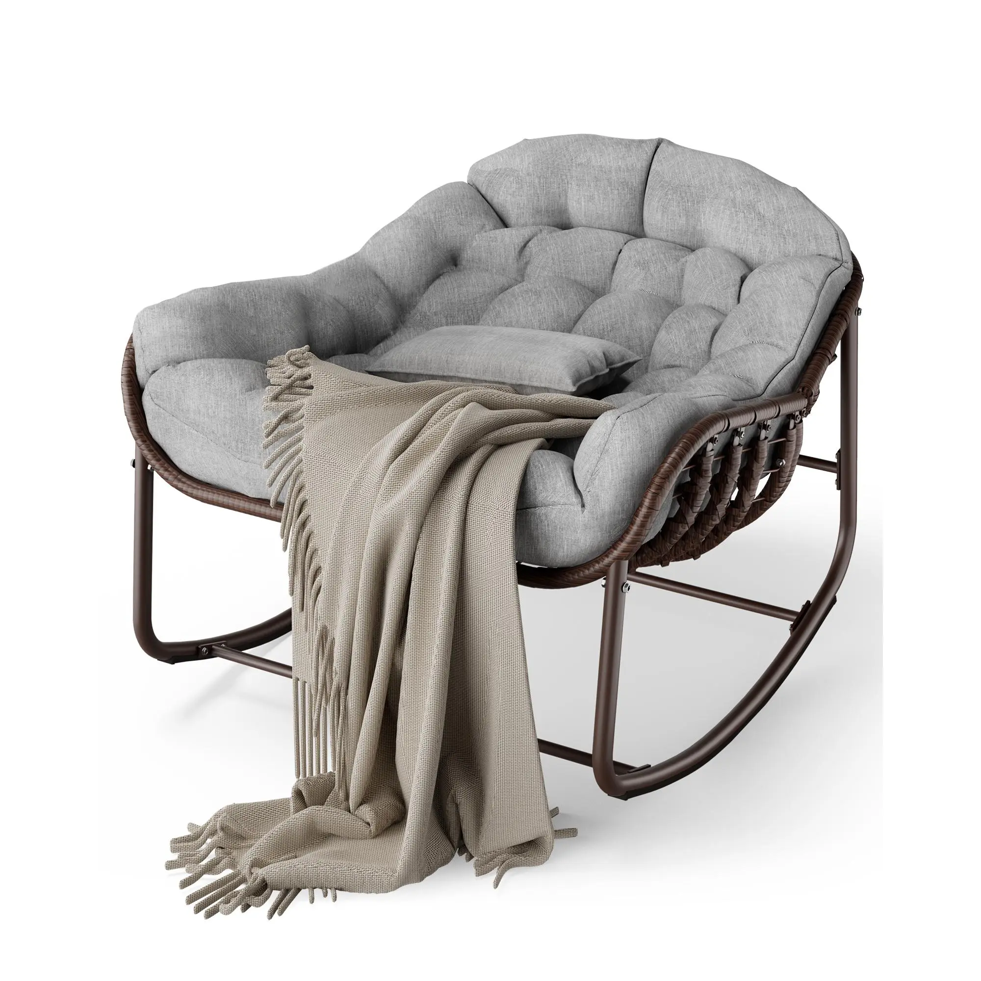 450lbs Heavy Duty Oversized Papasan Rocking Chair, Wicker Egg Patio Lounge Chair with Water-Resistant Cushion & Sturdy Metal Frame, Comfy Relaxing Seat for Garden Porch Balcony Indoor Living Room